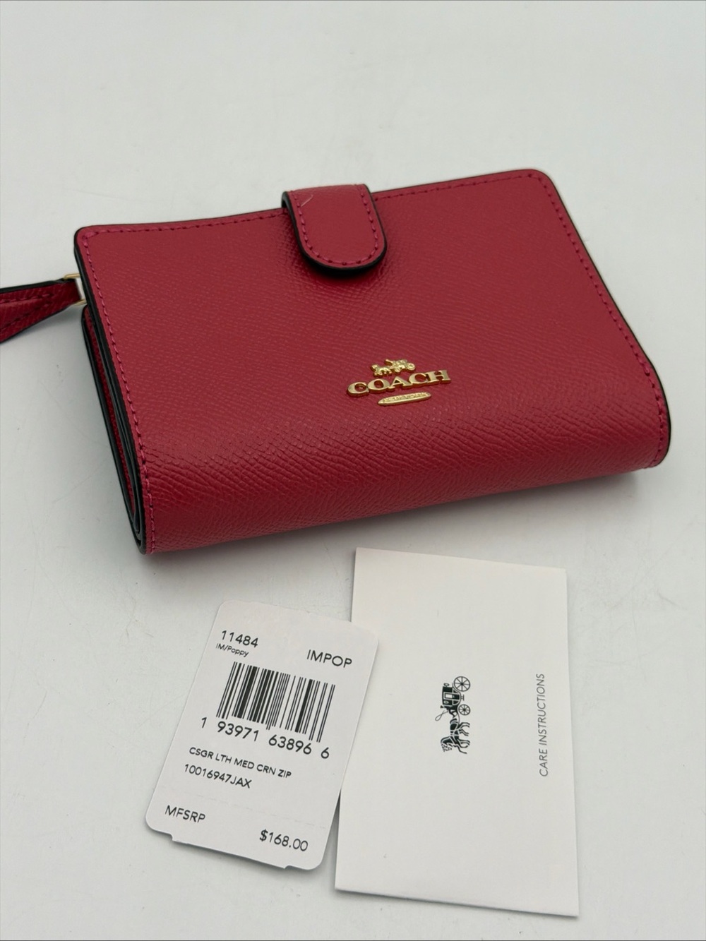 New Coach 11484 Medium Corner Zip Wallet in Crossgrain Leather Poppy Pink